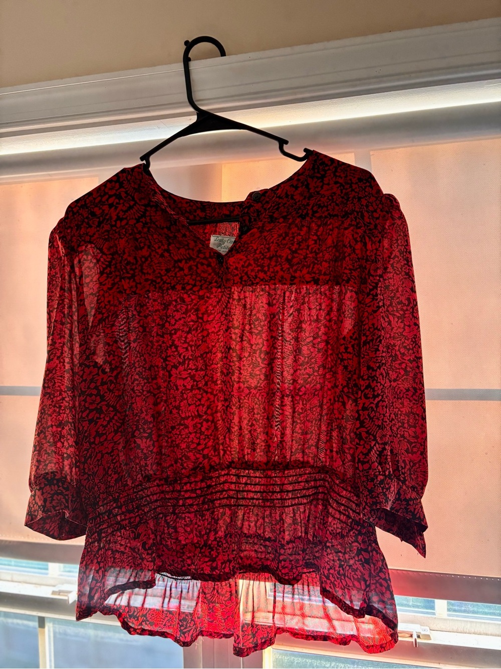 Red Floral Sheer Blouse with Ruffled Hem